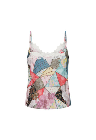 A women's spaghetti-strap camisole top featuring a colorful patchwork print with geometric and floral fabric patterns, a lace-trimmed scoop neckline, and a flared silhouette, shown against a plain white background.