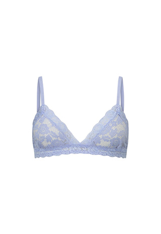 A light lavender blue lace bralette with thin shoulder straps and a scalloped lace trim, shown against a plain white background.