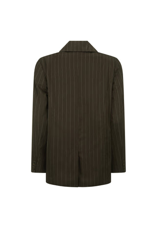 A dark brown pinstripe blazer shown from the back, featuring thin vertical white stripes on a solid white background.