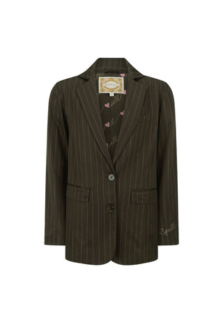 A dark brown pinstripe blazer with a single button closure, displayed on a clean white background. The brand label 'Spegli' is visible on the inner neck tag and embroidered on the lower right sleeve.