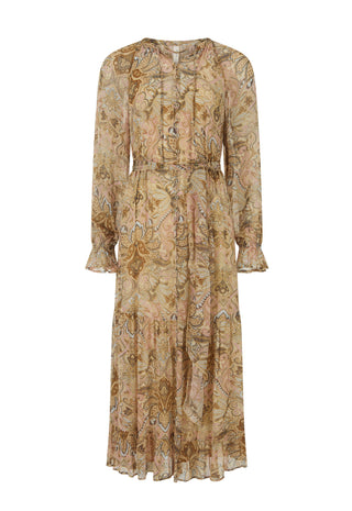 A long-sleeved midi dress with a ruffled round neckline and a matching waist tie, featuring an all-over abstract floral and paisley pattern in beige, brown, and muted gold tones, shown against a plain white background.