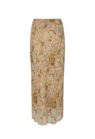 A high-waisted, knee-length skirt featuring an intricate paisley and floral pattern in beige, brown, and soft pink tones, presented on a plain white background.