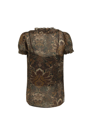 A short-sleeve blouse with a ruffled high neckline, featuring an intricate paisley and floral pattern in shades of brown, beige, and muted green, shown against a plain white background.