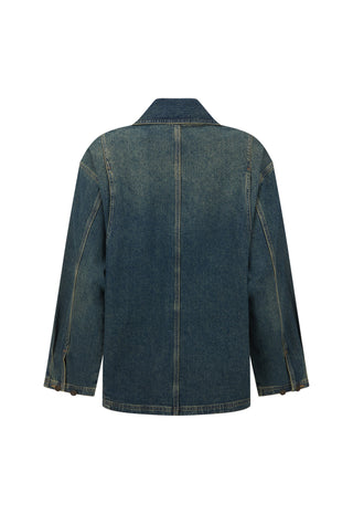 A dark blue denim jacket shown from the back, featuring a classic collar and a central seam, displayed on a clean white background.