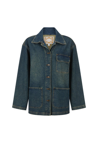 A dark blue denim jacket with a button-up front, pointed collar, and four front pockets, shown against a plain white background.
