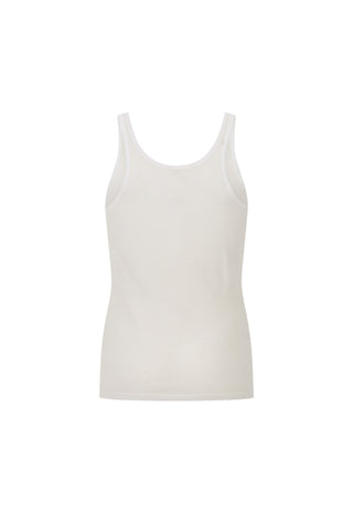 A plain white ribbed tank top with a wide scoop neck and wide shoulder straps, shown against a solid white background.