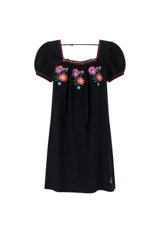 A black short-sleeve dress with puff sleeves and colorful floral embroidery across the smocked neckline, shown on a plain white background.