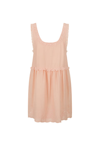 A sleeveless light peach-pink nightgown with a scoop neckline, delicate lace trim, and a gathered waist, shown against a plain white background.
