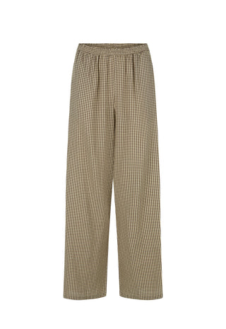 A pair of wide-leg trousers in a beige and brown small-scale checkered pattern, shown against a plain white background.