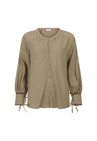 A beige and brown gingham long-sleeve blouse with a round neckline, button-up front, and tie details at the cuffs, shown against a plain white background.