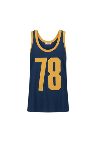 A navy blue sleeveless tank top with yellow trim around the neckline and large yellow number 78 printed on the front, shown against a plain white background.