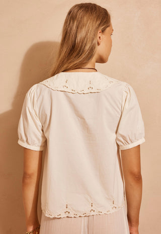 A woman viewed from the back wearing a cream-colored short-sleeve blouse with a decorative scalloped yoke and eyelet embroidery, paired with a matching light skirt against a textured beige wall.