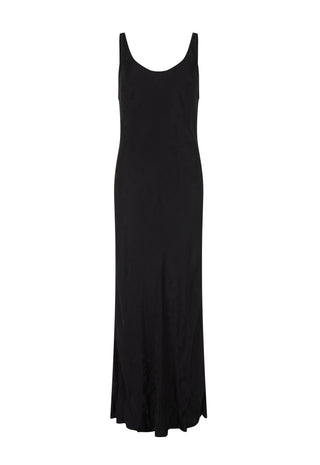 A black sleeveless maxi dress with a scoop neckline, shown flat against a solid white background.