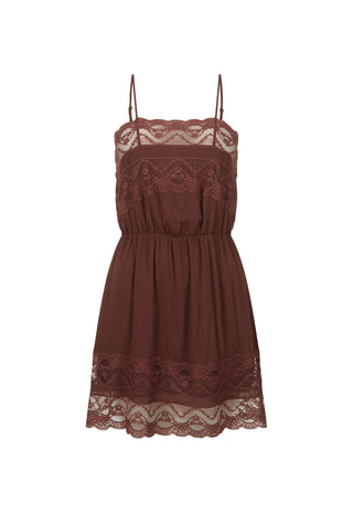 A brown spaghetti-strap mini dress with lace trim at the chest, waist, and hem, shown against a plain white background.