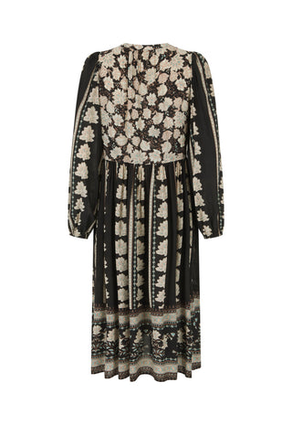 A long-sleeved midi dress with a black base and a beige floral pattern, shown from the back against a plain white background.