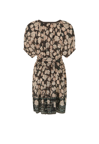 A short-sleeved knee-length dress with a dark brown and beige floral pattern, featuring a tie waist and a lace hem, shown against a plain white background.