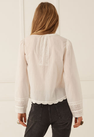 A woman viewed from the back wearing a cream-colored long-sleeve blouse with lace detailing on the back neckline and cuffs, paired with dark gray jeans.