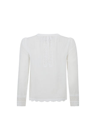 A white long-sleeve blouse with delicate lace detailing on the front neckline, cuffs, and scalloped hem, shown against a plain white background.