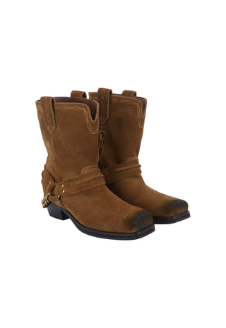 A pair of brown suede western-style boots with black soles and decorative stitching, shown against a plain white background.