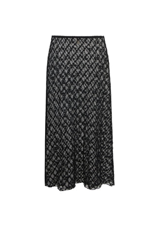 A black midi skirt with a textured, semi-sheer floral lace pattern, shown flat against a solid white background.