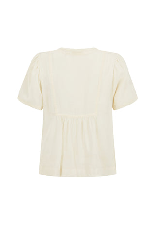 A cream-colored short-sleeve blouse with a gathered peplum waist and puffed shoulders, shown from the back on a plain white background.