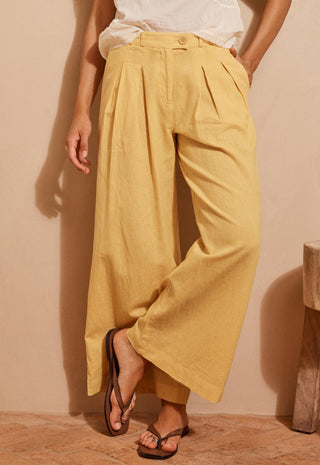 A person wearing wide-leg pleated trousers in a warm mustard yellow color, styled with a white top and brown sandals, standing against a beige wall.