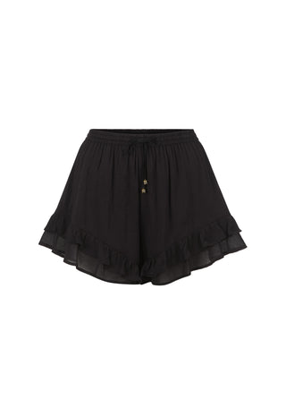 Black ruffled mini shorts with a drawstring waist and small decorative gold buttons, shown against a plain white background.